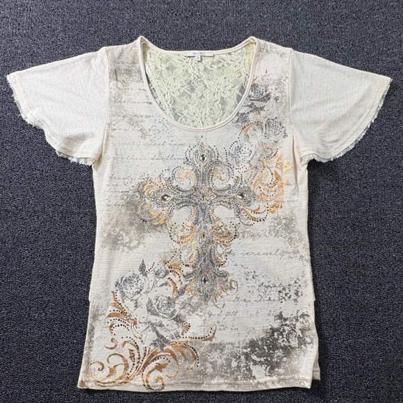 Miss Me Tops - Miss Me Rhinestone Lace Back Flutter Sleeve Top Wome's M Cream Graphic